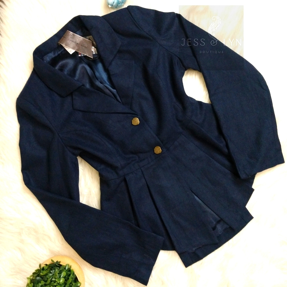 🆕HEATHER Navy Pleated Peplum Hem Jacket
